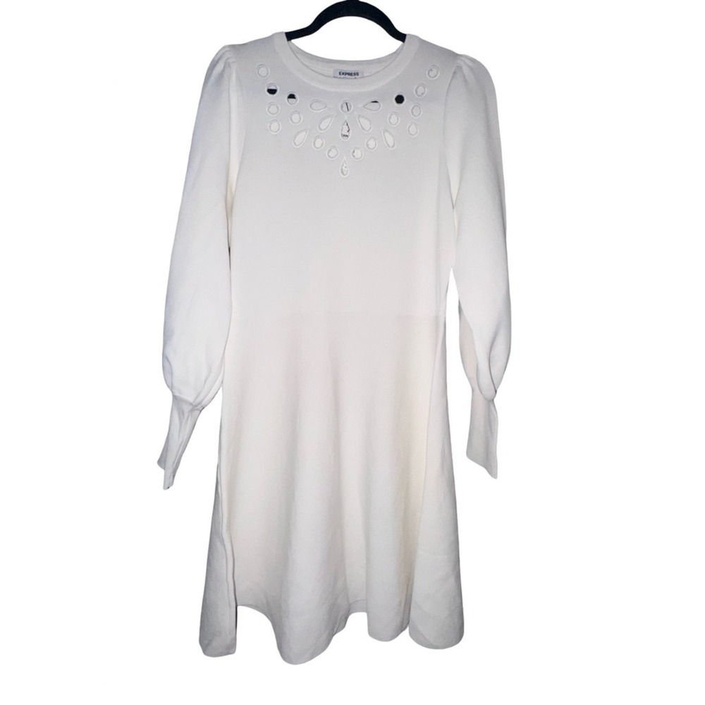 Express Sz L‎ White Eyelet Puff Sleeve Dress NWT Fit Flare Feminine bridal - Picture 2 of 6